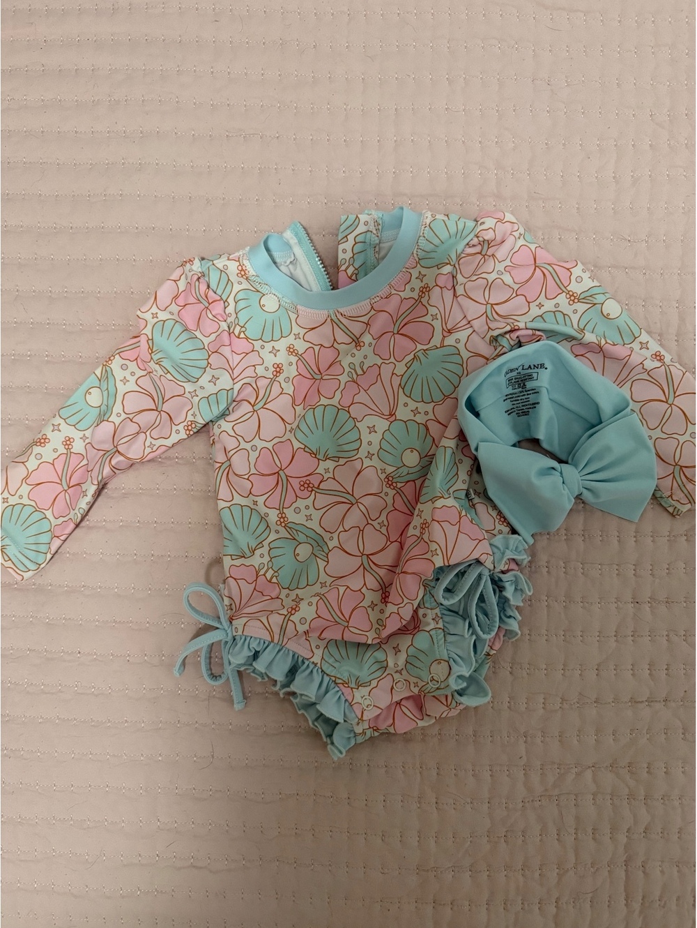 Caden Lane Baby Girl 12-18M Floral Seashell Rashguard Swimsuit + Swim Bow XS